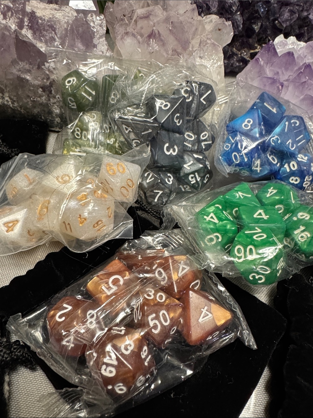 D & D Polyhedral Dice Set - Green, Bluew, Brown, Black, White, Olive, Purple